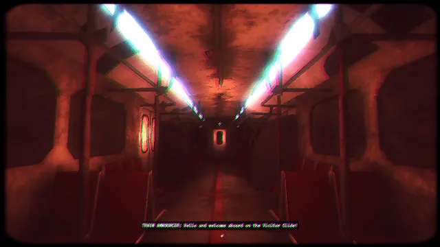 Ignited Entry screenshot: an empty red train carriage under bright strip lights