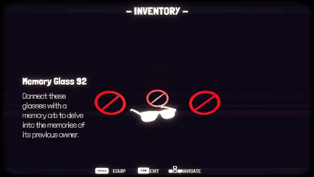 Ignited Entry screenshot: the inventory showing Memory Glass 92, used to delve into the memories of its previous owner