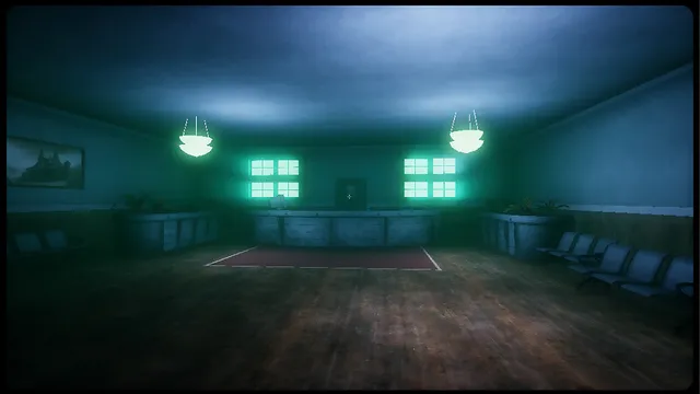 Ignited Entry screenshot: a dim blue waiting room with a counter and rows of chairs