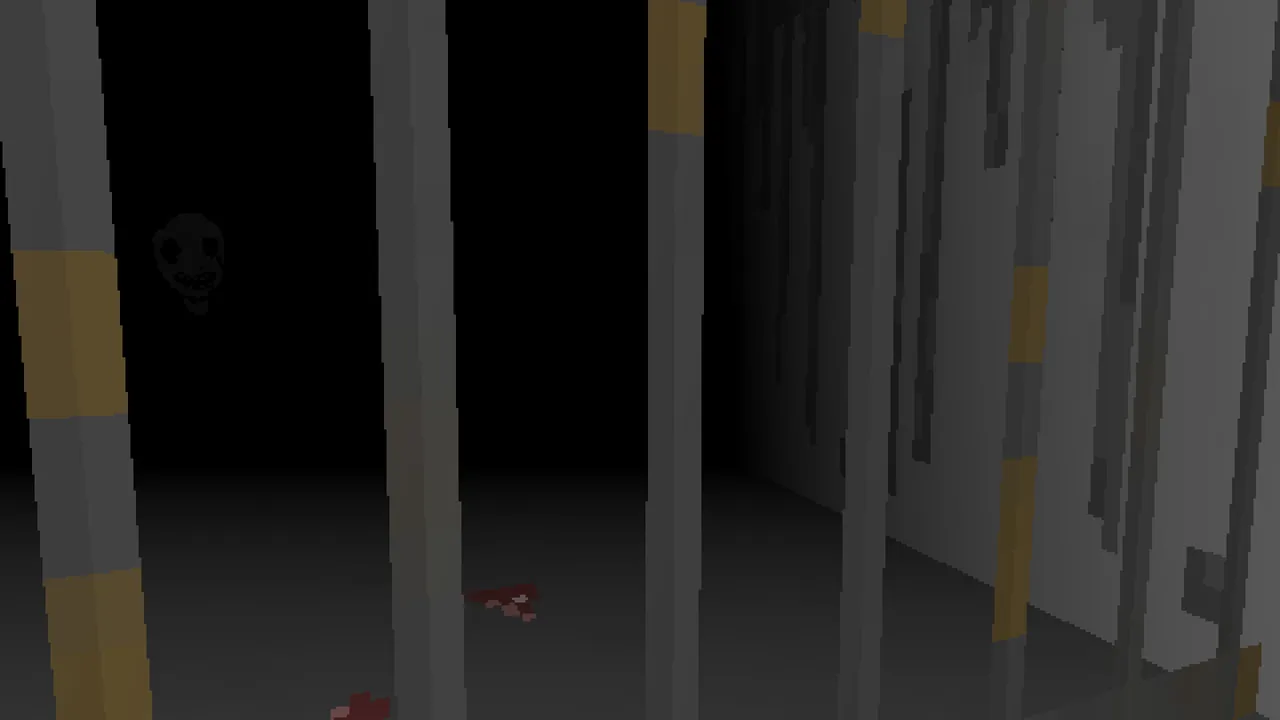 IMSCARED screenshot: a faint white face in the darkness behind pixelated bars, with red marks on the floor