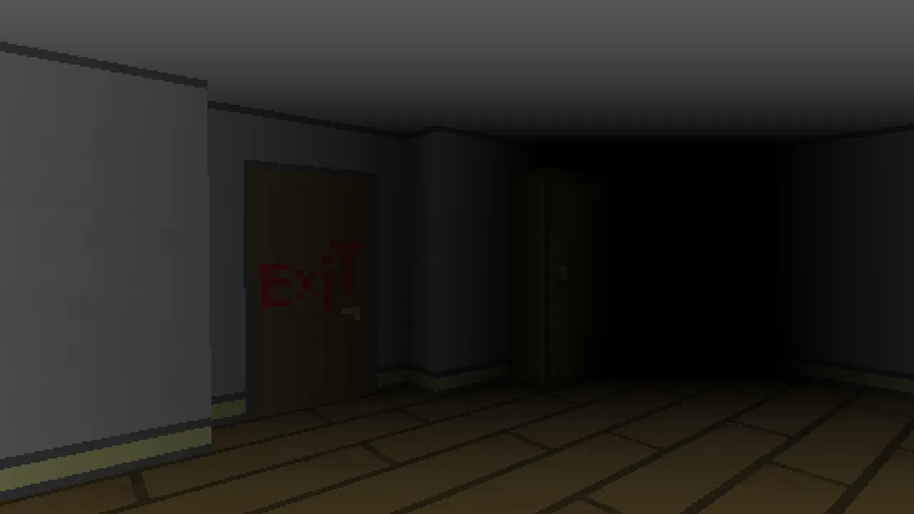 IMSCARED screenshot: a blocky grey corridor with a door marked Exit in red