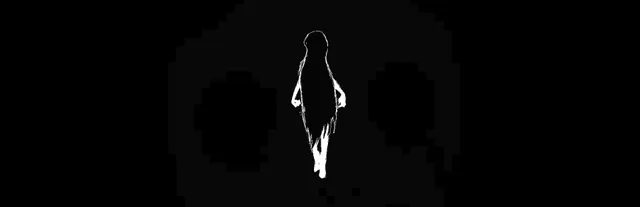 IMSCARED art: a thin white figure with long hair standing on a black background with large pixelated shapes