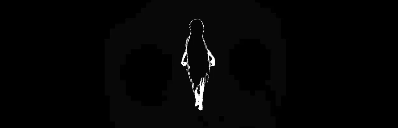 IMSCARED art: a thin white figure with long hair standing on a black background with large pixelated shapes