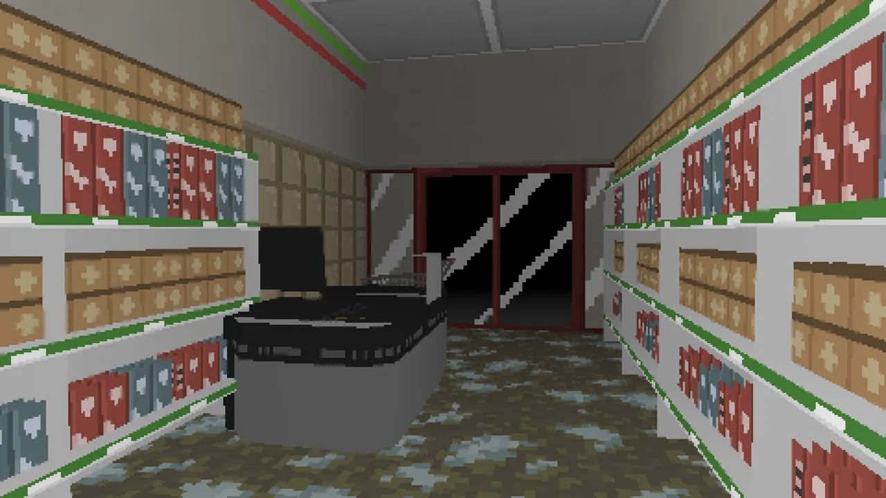 IMSCARED screenshot: an empty pixelated shop with stocked shelves and a counter