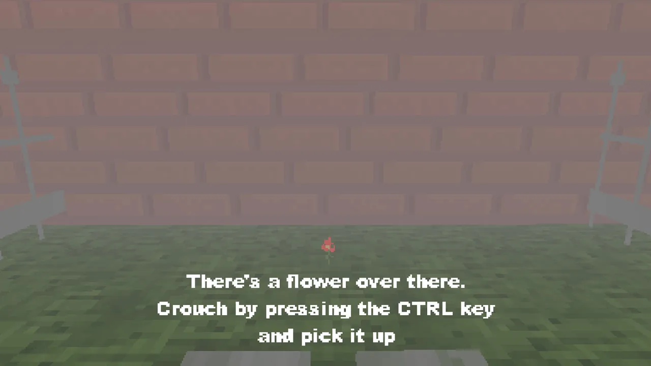 IMSCARED screenshot: a pixelated brick wall and grass with a small flower, and the text There's a flower over there. Crouch by pressing the CTRL key and pick it up