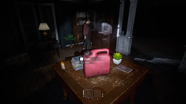 In Silence screenshot: a survivor in a dim cabin room finds a red fuel can on a table