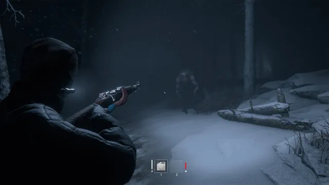 In Silence screenshot: a survivor aims a flashlight and gun across snowy ground at Rake standing among the trees