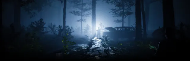 In Silence: a survivor with a flashlight walks through a misty, snowy forest at night past an abandoned car