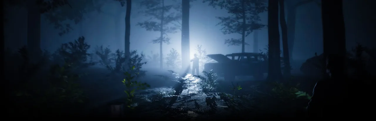 In Silence: a survivor with a flashlight walks through a misty, snowy forest at night past an abandoned car