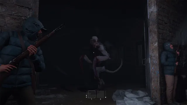 In Silence screenshot: survivors with a rifle hide beside a doorway as the pale, bloodied creature Rake crawls through a dark room