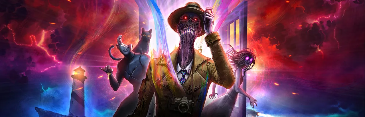 In Sound Mind key art: a man in a coat with a gaping mouth of teeth for a face holds a camera, a cat on his shoulder and a pale girl beside him, against a burst of colour