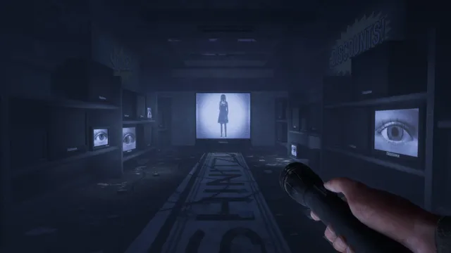 In Sound Mind screenshot: in a dark shop, rows of TV screens show a staring eye and a girl standing in the middle screen
