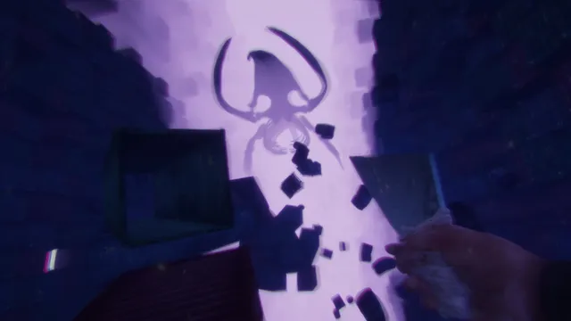 In Sound Mind screenshot: a tall shadowy creature looms at the end of a tunnel of glowing purple light