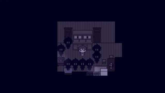 In the Midnight Light screenshot: Ryo surrounded by a crowd of dark shadow figures in a dim pixel-art room