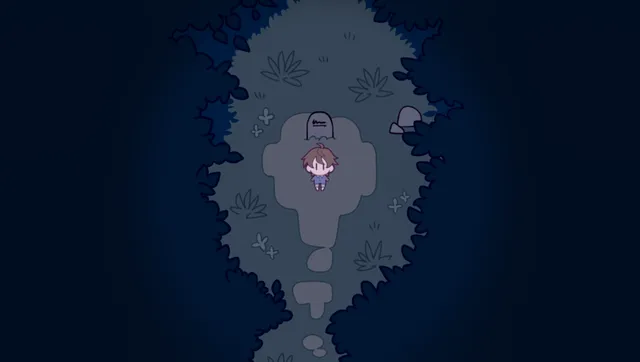 In the Midnight Light screenshot: Ryo standing by a small gravestone in a dark, overgrown garden at night
