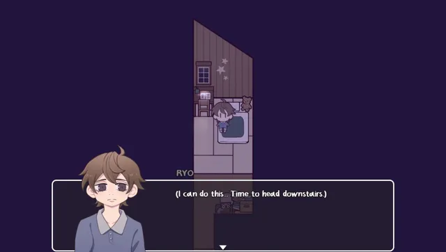 In the Midnight Light screenshot: Ryo in his small purple bedroom, saying he can do this and it is time to head downstairs
