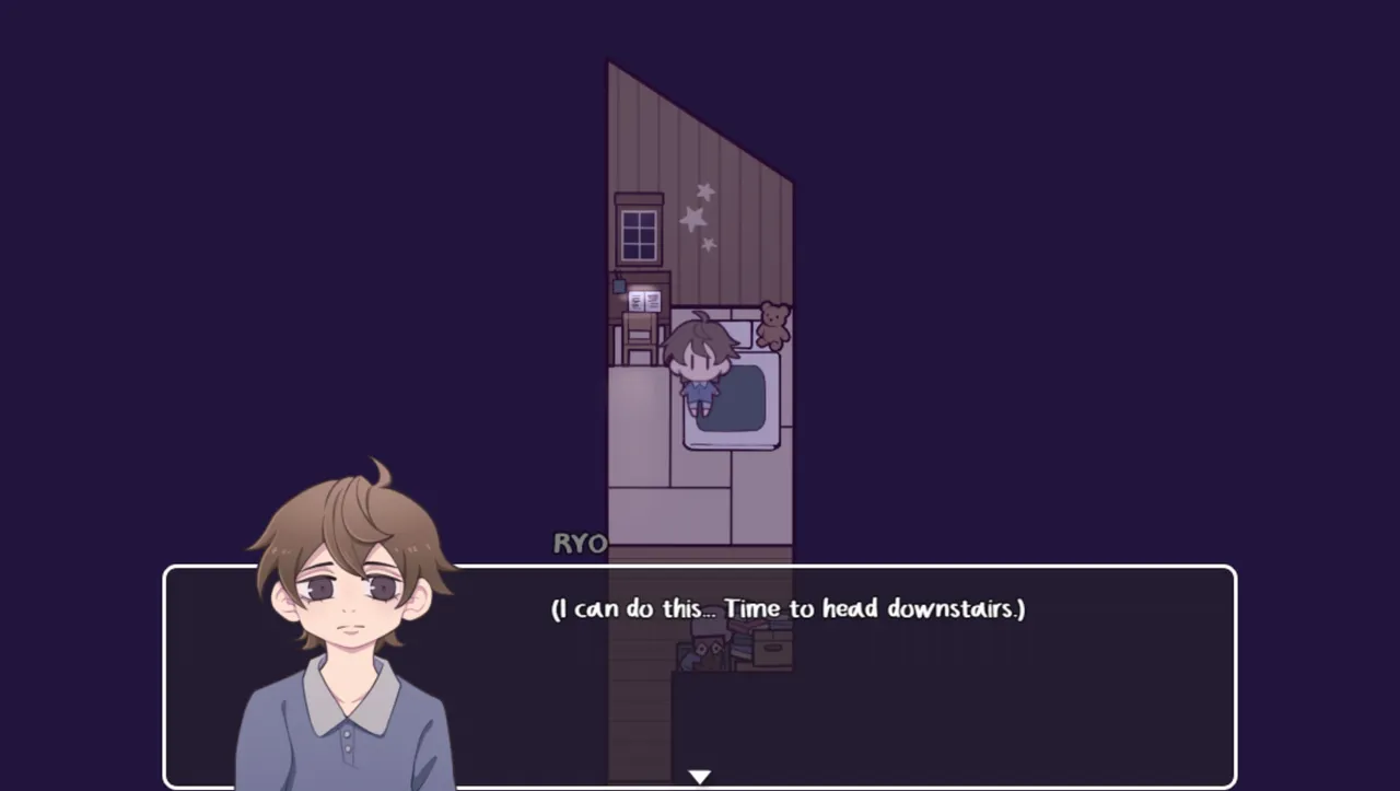 In the Midnight Light screenshot: Ryo in his small purple bedroom, saying he can do this and it is time to head downstairs