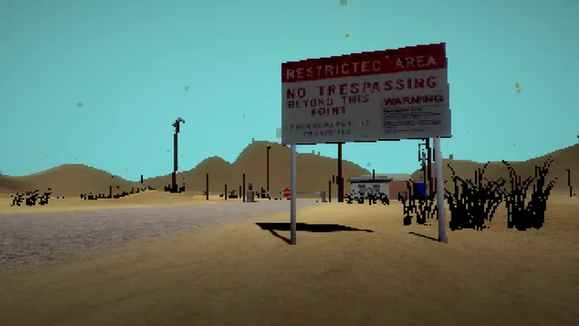 Incident at Grove Lake screenshot: a Restricted Area, No Trespassing sign on a desert road in front of a guard post