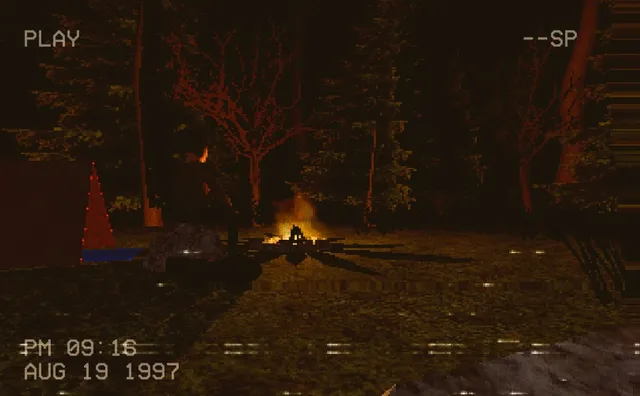 Incident at Grove Lake screenshot: a campfire in the dark woods on camcorder footage stamped PM 09:16 Aug 19 1997