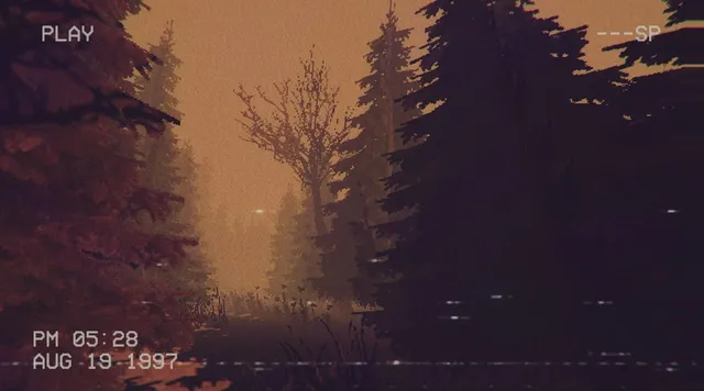 Incident at Grove Lake screenshot: camcorder footage of pine woods in an orange haze, stamped PM 05:28 Aug 19 1997