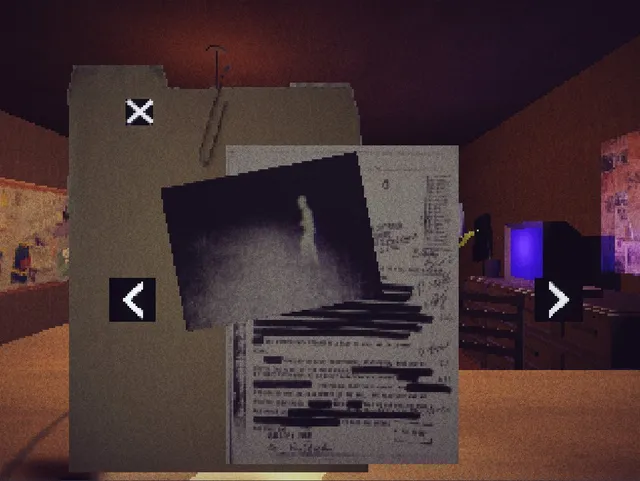 Incident at Grove Lake screenshot: a case file with redacted pages and a grainy photo of a pale figure, open on a desk