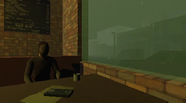Incident at Grove Lake screenshot: a faceless low-poly man sits at a diner table by the window with a folder in front of him
