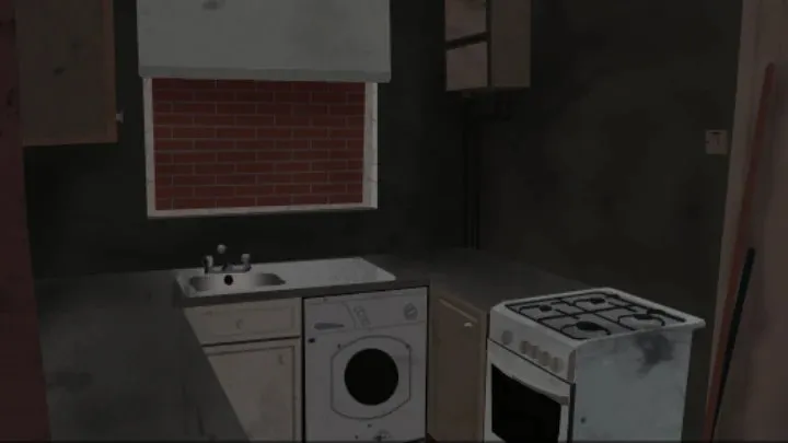 Inculcation: a dim, grimy kitchen with a sink, a washing machine and a gas oven under a bricked-up window, seen in first person