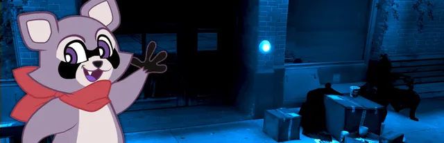 Indigo Park key art: Rambley the cartoon raccoon in a red scarf waving beside the dark, blue-lit entrance of the park