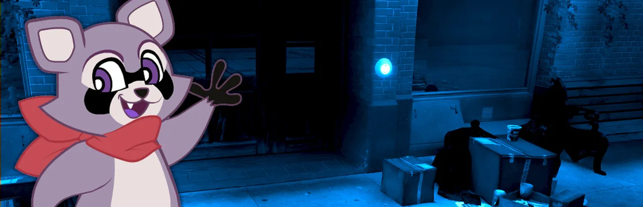 Indigo Park key art: Rambley the cartoon raccoon in a red scarf waving beside the dark, blue-lit entrance of the park