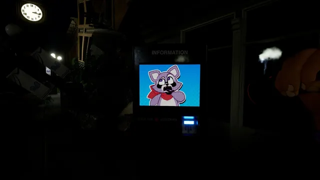 Indigo Park screenshot: a frightened Rambley on an information kiosk screen in the dark park, a clock tower behind