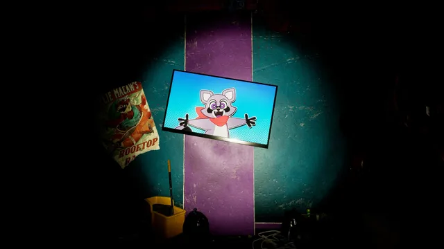 Indigo Park screenshot: Rambley grinning with open arms on a screen lit by a flashlight beam in a dark, purple-and-teal corridor