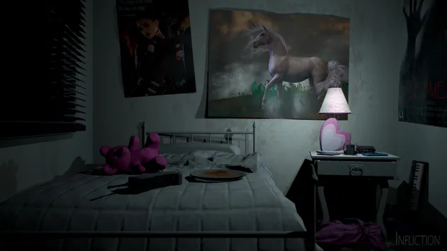 Infliction screenshot: a teenage girl's dim bedroom with a unicorn poster, a pink teddy bear on the bed and a heart-shaped lamp