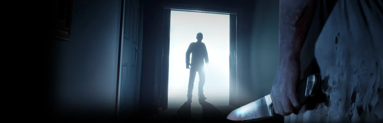 Infliction key art: a man's silhouette in a brightly lit doorway at the end of a dark hall, with a bloodied hand holding a knife in the foreground
