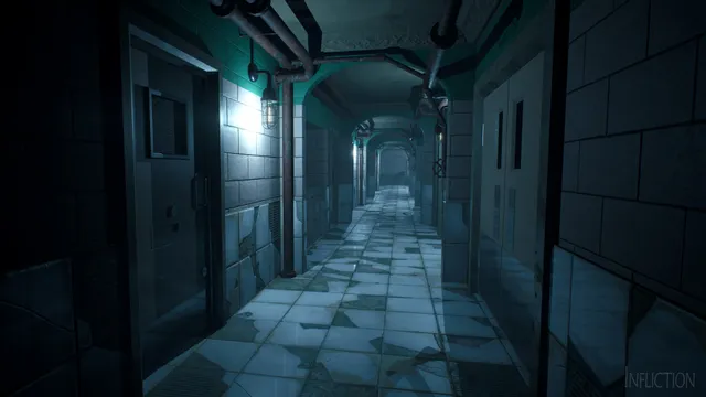 Infliction screenshot: a long tiled corridor with pipes and cracked floor tiles lit by caged lamps