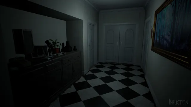 Infliction screenshot: a dark hallway with a black and white checkered floor, a sideboard and a painting, leading to double doors