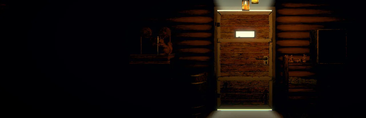 Inscryption key art: a wooden cabin door lit from above by hanging lanterns in a dark log cabin