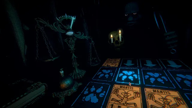 Inscryption screenshot: a shadowed figure holding a knife behind a blue-lit card board with a brass scale and mantis cards