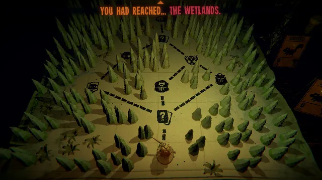 Inscryption screenshot: a tabletop map of a pine forest with a dotted path between event icons, titled You had reached the wetlands