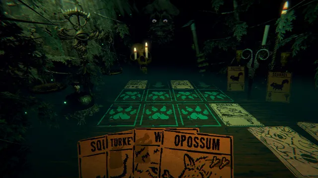 Inscryption screenshot: a hand of creature cards, including a squirrel and an opossum, over a green-lit card board in the dark cabin