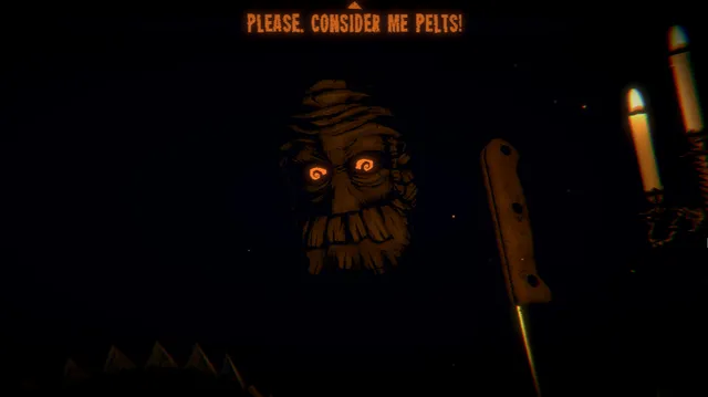 Inscryption screenshot: a carved wooden mask with glowing orange eyes and a knife beside candles, a card pleading Please, consider me pelts