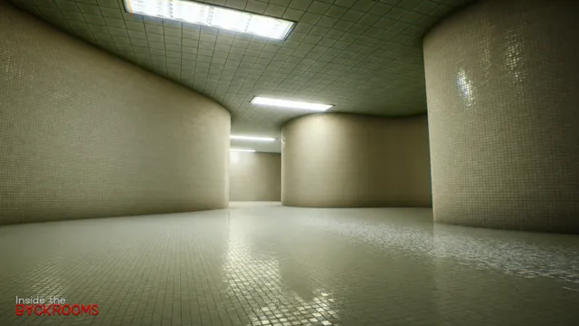 Inside the Backrooms screenshot: curving white-tiled corridors with a wet floor and strip lights, part of the pool rooms