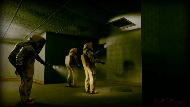 Inside the Backrooms screenshot: three players in hooded yellow hazard suits stand in a green-walled office room under a ceiling of tiles
