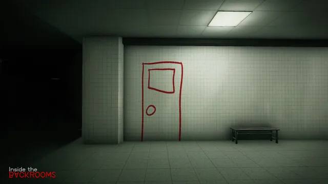 Inside the Backrooms screenshot: a door drawn in red on a white tiled wall beside a bench in a dim room