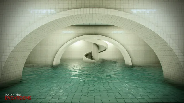 Inside the Backrooms screenshot: flooded tiled arches lead to a white spiral staircase standing in shallow water