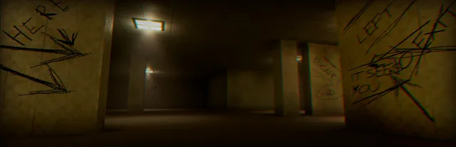 Inside the Backrooms key art: a dim yellow room with buzzing ceiling lights and pillars scrawled with warnings such as It sees you and Left no exit