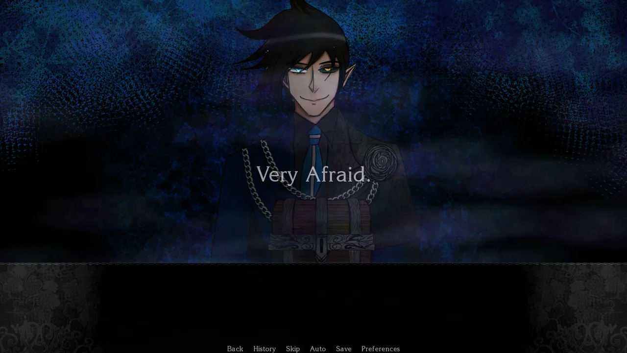 Inside the Box screenshot: a smiling, pointed-eared man with one blue and one yellow eye holds a wooden chest in a dark blue haze, over the words 'Very Afraid.'