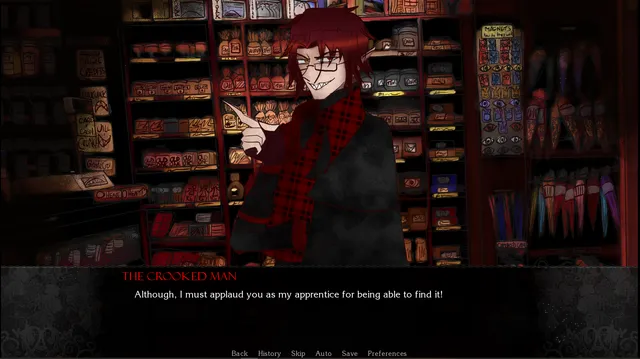 Inside the Box screenshot: the red-haired Crooked Man grins in his dark sweet shop as he speaks to his apprentice