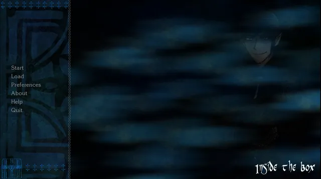 Inside the Box title screen: the creature's face half hidden in blue mist beside the Start menu