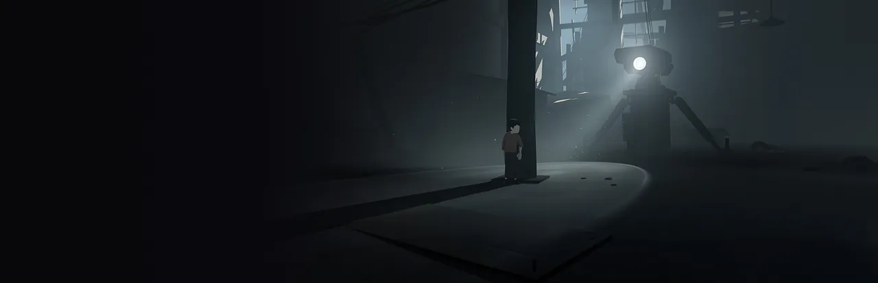 INSIDE key art: the boy hides behind a pillar in a dark factory while a machine sweeps the room with a searchlight