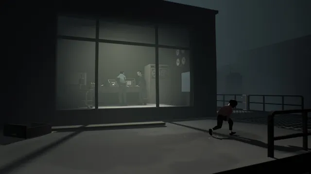 The boy creeps past a lit window where people sit working at desks